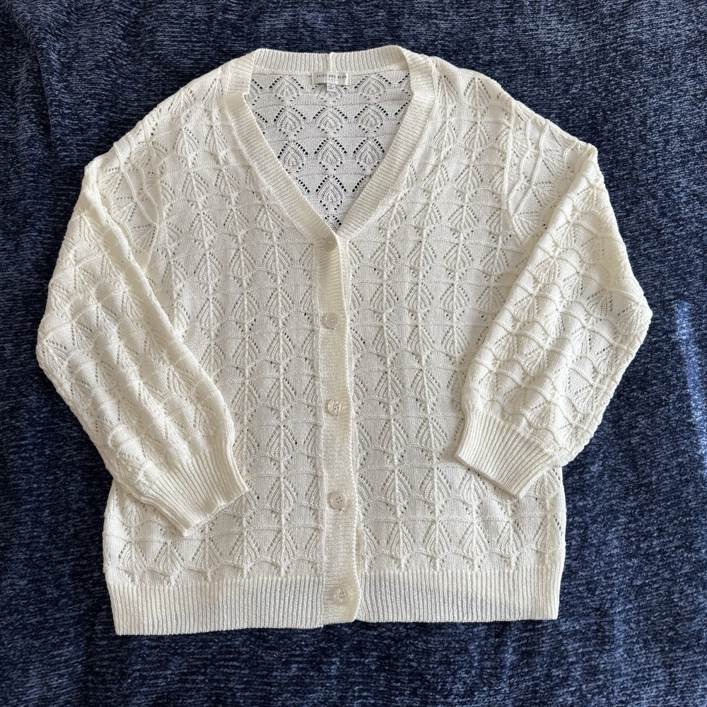 Skies are Blue Curvy Crochet Knit Cardigan‎ Sweater Cream Button Down 1X Cottage